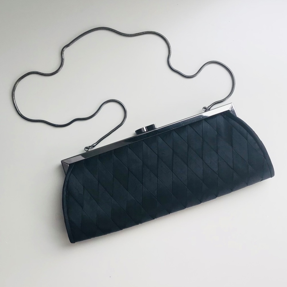 OLGA BERG long black satin clutch with metal strap and closure - like new - Picture 1 of 4